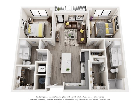 Floor plan for 2 beds, 2 baths, 1068 sqft